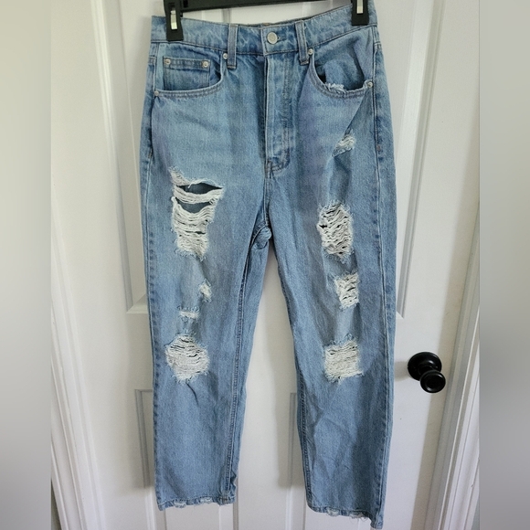 Vanilla Star Junior's Medium Wash Front Button Distressed Dad Jeans Size 5 - Picture 1 of 5